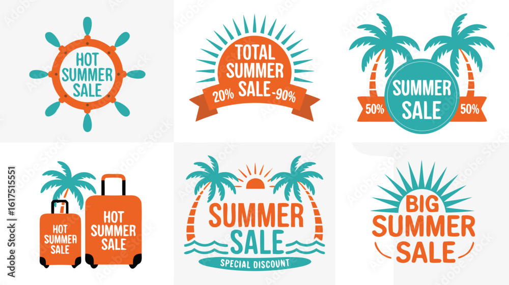 Fototapeta premium Playful Summer Sale Designs Palm Trees, Suitcases, Ship Wheels, and Sunny Beach Themes