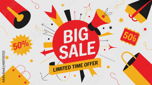 Red Big Sale Limited Time Offer with Megaphone, Shopping Bags, and 50% Off Promotion