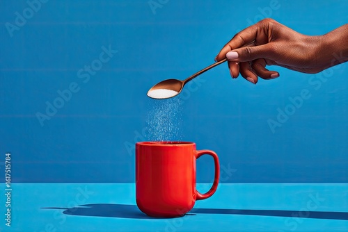 A hand holds a spoon, pouring white powder into a red mug against a vibrant blue backdrop