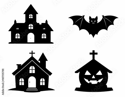 Spooky Halloween silhouettes featuring haunted houses, friendly bats, and grinning pumpkins