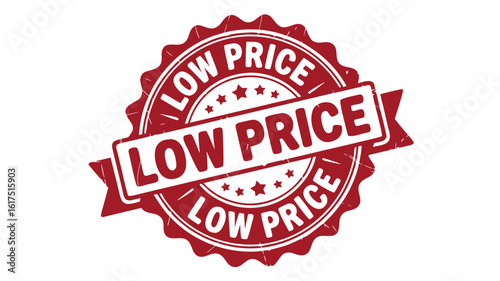 Red Low Price Stamp with Stars, Ribbon and Scalloped Edge on White Background