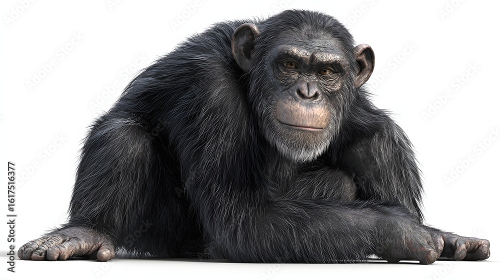 Fototapeta premium A chimpanzee sits, presented in a detailed, full shot.