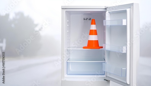 Orange And White Traffic Cone Inside An Open Refrigerator Against A Foggy Road Background
