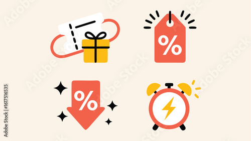 Sale Icons Discount Coupon, Percentage Price Tag, Decreasing Arrow, Limited Time Alarm Clock