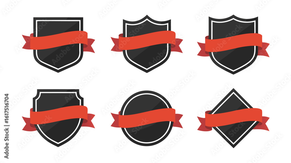 Shield Ribbon Banners Black Heraldic Shapes with Red Scrolls for Design Elements Shield Ribbon Banners Black Heraldic Shapes with Red Scrolls for Design Elements