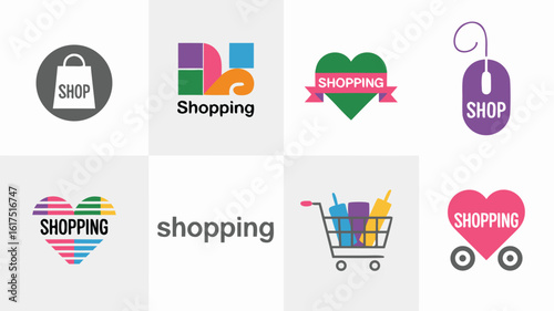 Shopping Logos Bag, Blocks, Heart, Mouse, Stripes, Plain Text, Cart, Heart Wheels for Online Retail