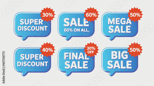 Six blue speech bubbles promoting various sales, with percentage discounts in red bursts