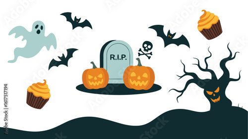 Spooky Halloween Featuring Pumpkins, Bats, Ghost, Cupcakes, Tombstone, and a Scary Tree Illustration