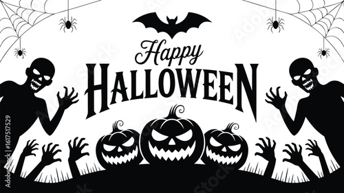 Spooky Happy Halloween Illustration Silhouetted Pumpkins, Zombies, Bat, Spiders, and Spiderwebs on White Background