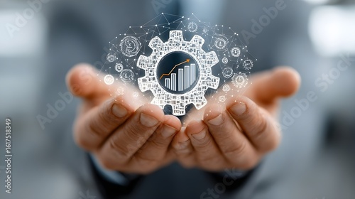 Business Growth:  Hands Holding a Cog with Growth Chart