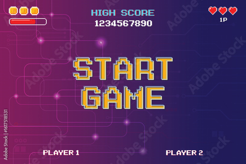 START GAME. Retro Futurism Sci-Fi Background. glowing neon grid. and stars from vintage arcade computer games. Cyber background.