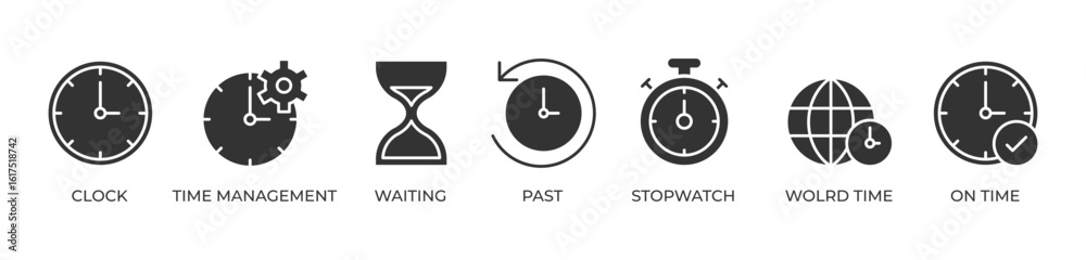 Obraz premium Mastering Time Icons set vector illustration glyph with Clock, Time management, Waiting, Past, Stopwatch, Wolrd time, On time