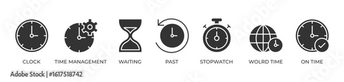 Mastering Time Icons set vector illustration glyph with Clock, Time management, Waiting, Past, Stopwatch, Wolrd time, On time