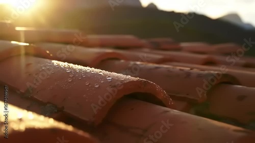 Dew-kissed terracotta roof tiles at sunrise