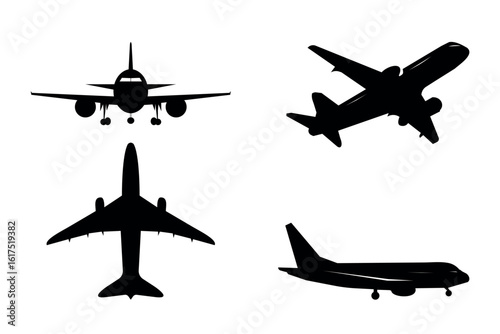 Set of commercial airplane silhouettes in different angles on white background. Includes top view, side view, front view, angled view. Perfect for aviation-themed designs, travel, transportation