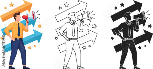 Man with megaphone promoting business growth and marketing strategy to achieve success goals now