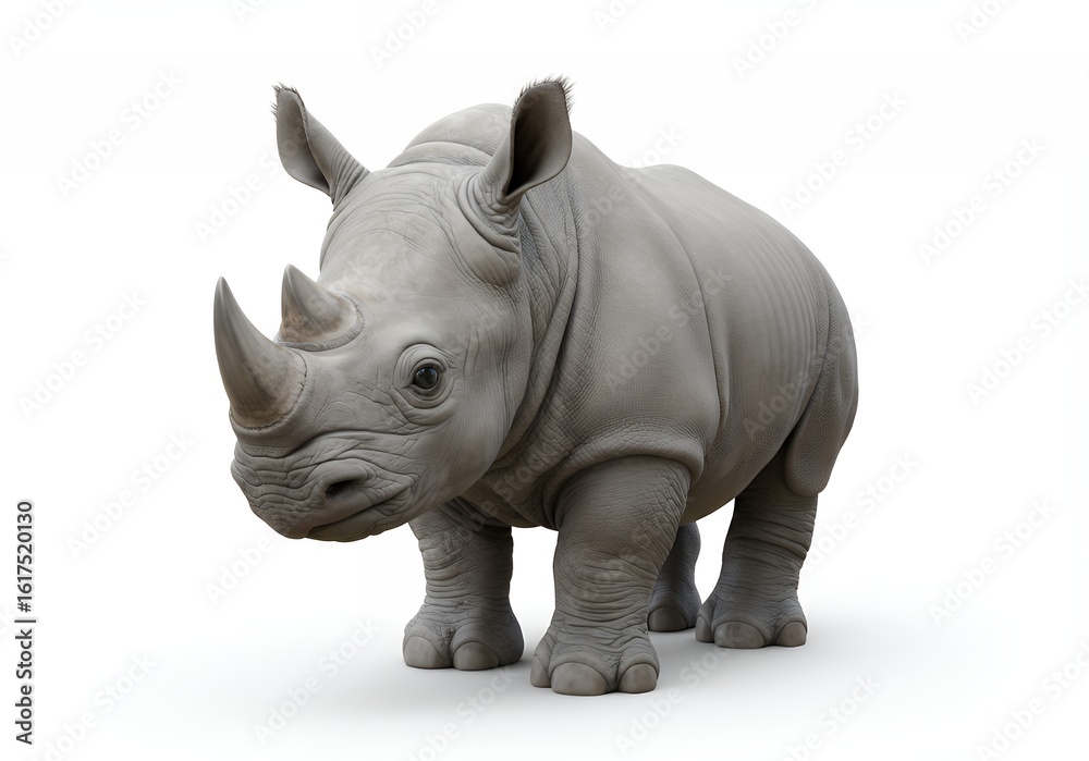Obraz premium Majestic rhino standing strong against white backdrop showcasing power and resilience of wildlife