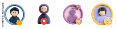 3D Rendered Social Media Icons with Clay Figures and Coins on White