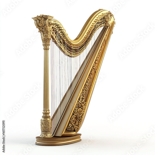 Ornate golden harp with intricate carvings on white background musical instrument 1