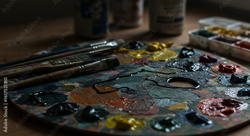 Artist's wooden palette with mixed oil paints and various brushes in a dark, atmospheric studio. Artist's wooden palette with mixed oil paints and various brushes in a dark, atmospheric studio.