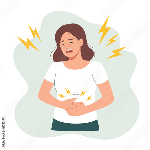 Woman suffering from severe stomach ache, menstrual pain, or food poisoning. Vector illustration of abdominal cramps and health issues.