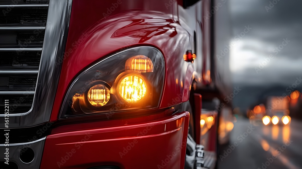 Fototapeta premium A red semi truck with its headlights on. The headlights are yellow and the truck is on a road