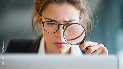 Focused Woman Analyzing Data with Magnifying Glass