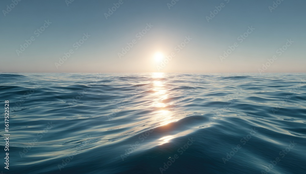 Obraz premium Ocean sunset view, calm waves reflecting light