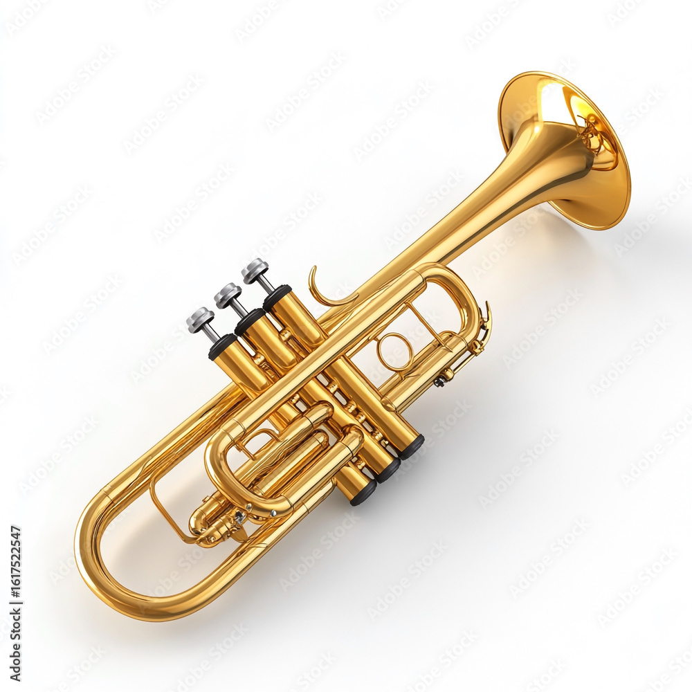 Obraz premium Shiny Golden Trumpet Musical Instrument on White Background brass instrument