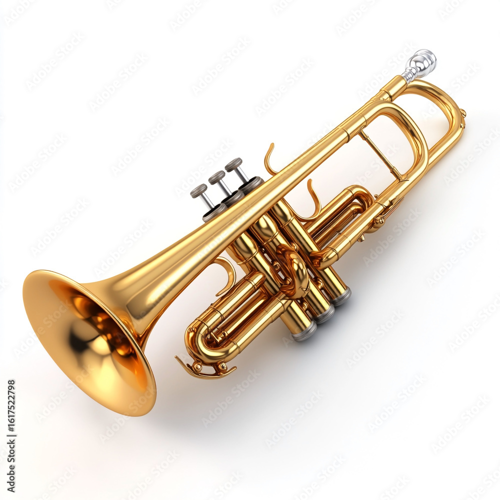 Obraz premium Gleaming Golden Trumpet Musical Instrument on White Background brass instrument