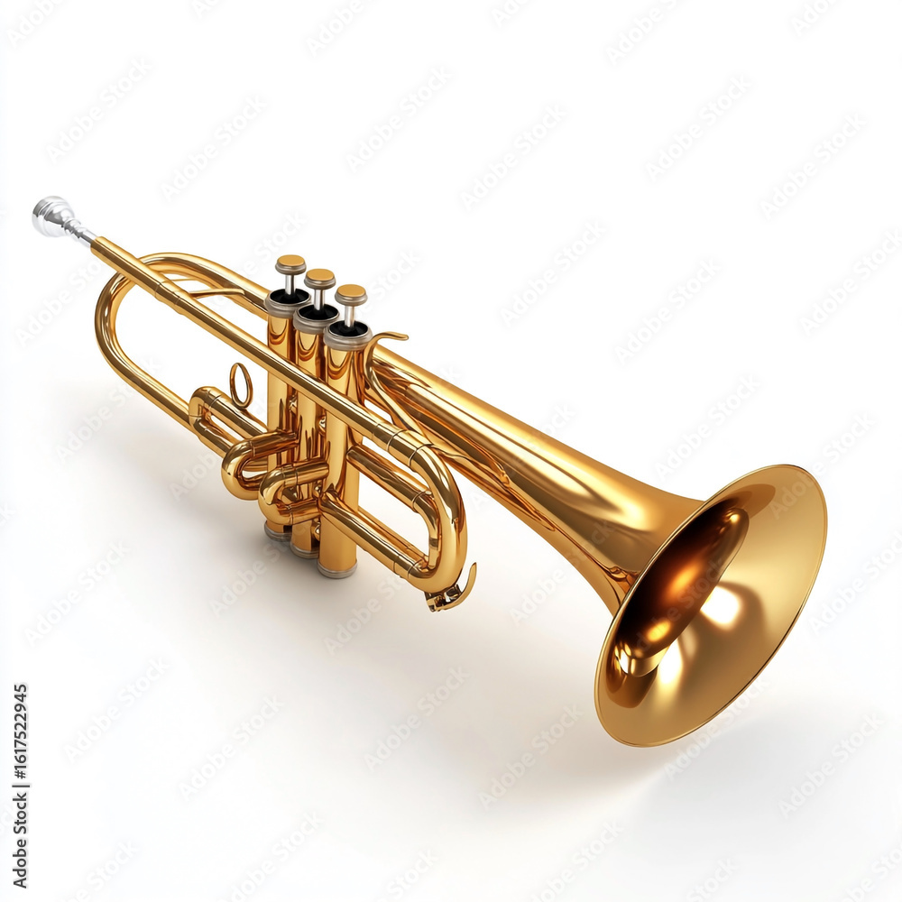 Obraz premium Shiny Golden Trumpet Musical Instrument on White Background brass 1