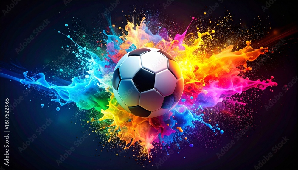 Naklejka premium Soccer ball explodes with color abstract art for sport event Vibrant design