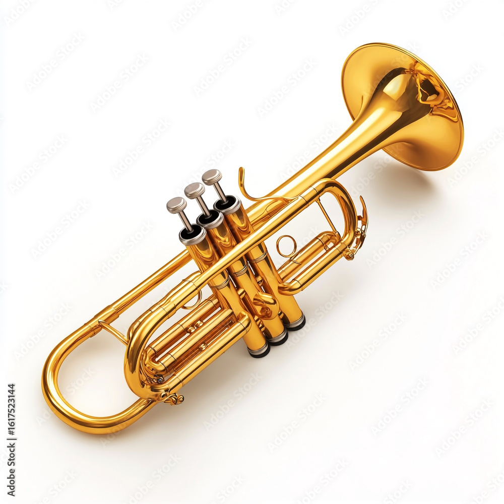 Obraz premium Shiny Gold Trumpet Musical Instrument on White Background brass instrument