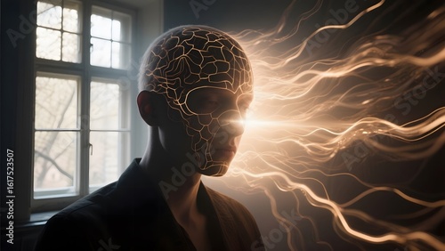 Silhouette of a person with glowing neural pathways emanating from their head, set against a window backdrop.