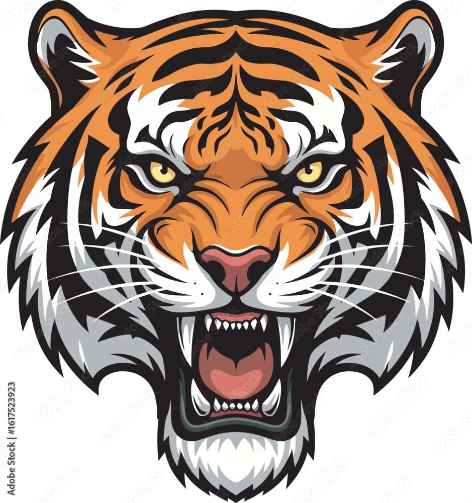 Fototapeta premium A fierce tiger's head illustration, showcasing its open mouth and teeth.