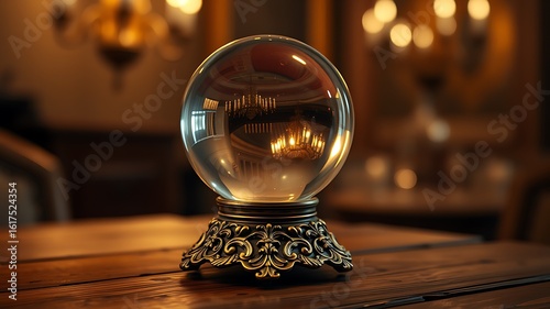 Crystal ball reflecting ornate chandelier on wooden table fortune telling clairvoyance