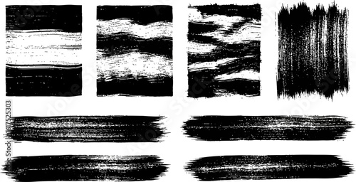Black brush strokes vector set for grunge design elements and artistic paint brush textures pack