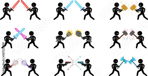 Stickman battle collection vector illustration featuring swords hammers guns and kitchen utensils