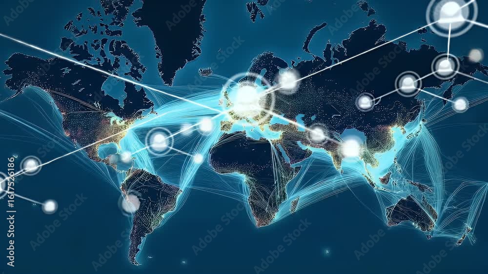 
A world map with colorful lines connecting different countries, representing global data transfer and connectivity between various regions of the globe