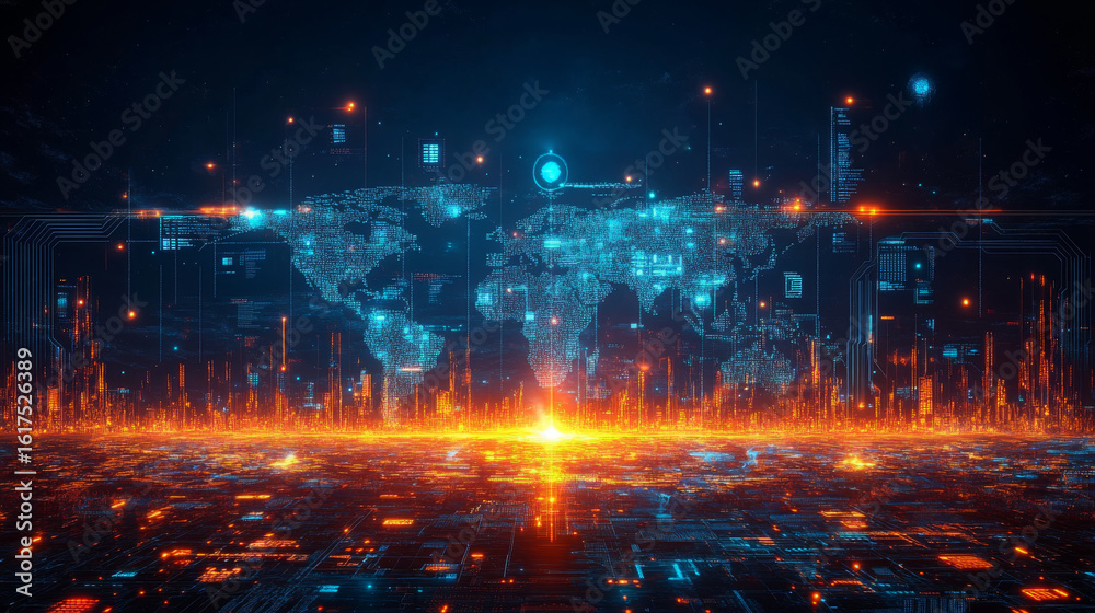 Fototapeta premium futuristic 3D render of a world map and digital data streams over a glowing circuit board landscape. The style is hi-tech. Websites and blogs can use it for themes about global technology, data