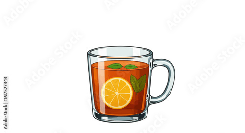 Glass cup with tea, lemon slices, and mint leaves   