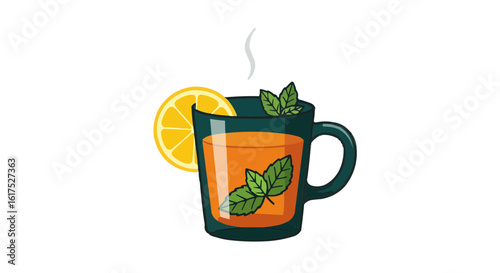 Herbal tea in green mug with lemon slice and mint leaves  