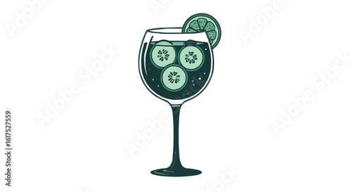 Refreshing cucumber drink with lime slices in a tall glass  