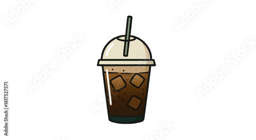Iced coffee drink in clear cup with straw and ice cubes 
