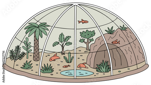 A charming terrarium with lush plants, swimming fish, and a miniature ecosystem under a glass dome, creating a whimsical indoor garden