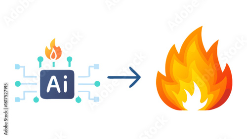 Artificial intelligence is on fire, symbolizing a technological problem or failure, isolated on white background