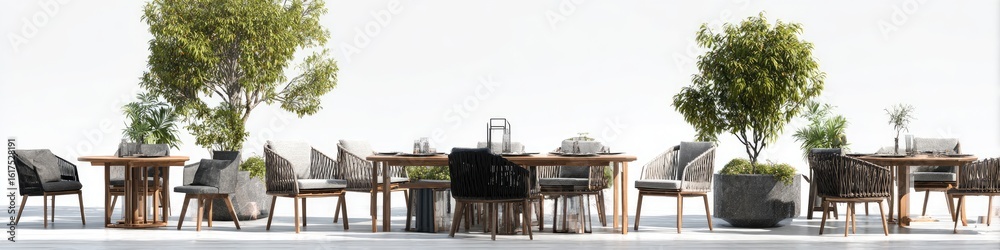 Obraz premium Outdoor patio dining setting with trees and furniture