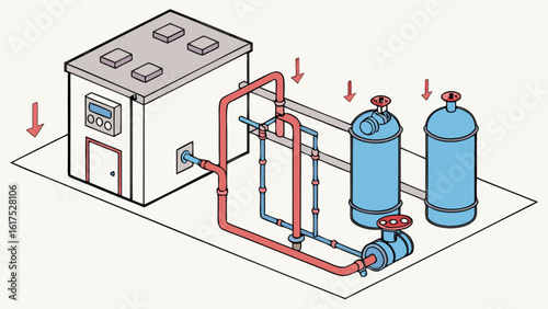 An isometric illustration of an industrial plant system with tanks and pipelines