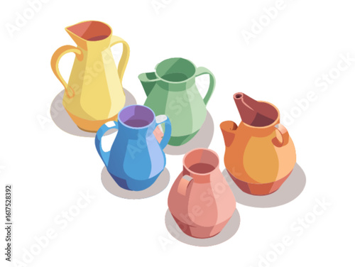 A collection of colorful pitchers and jugs in an isometric view, representing a variety of ceramic vessels and decorative kitchenware isolated on white background