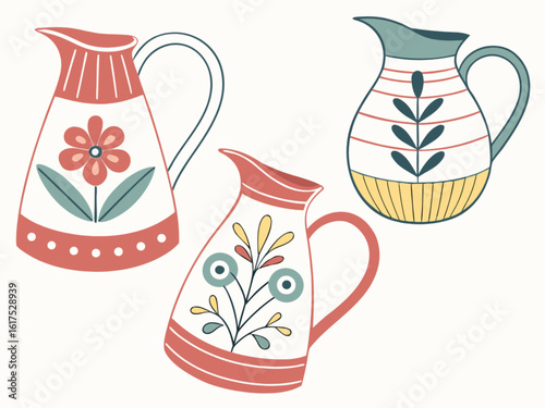 A set of three decorative ceramic pitchers with floral designs and colorful patterns, perfect for vintagestyle illustrations
